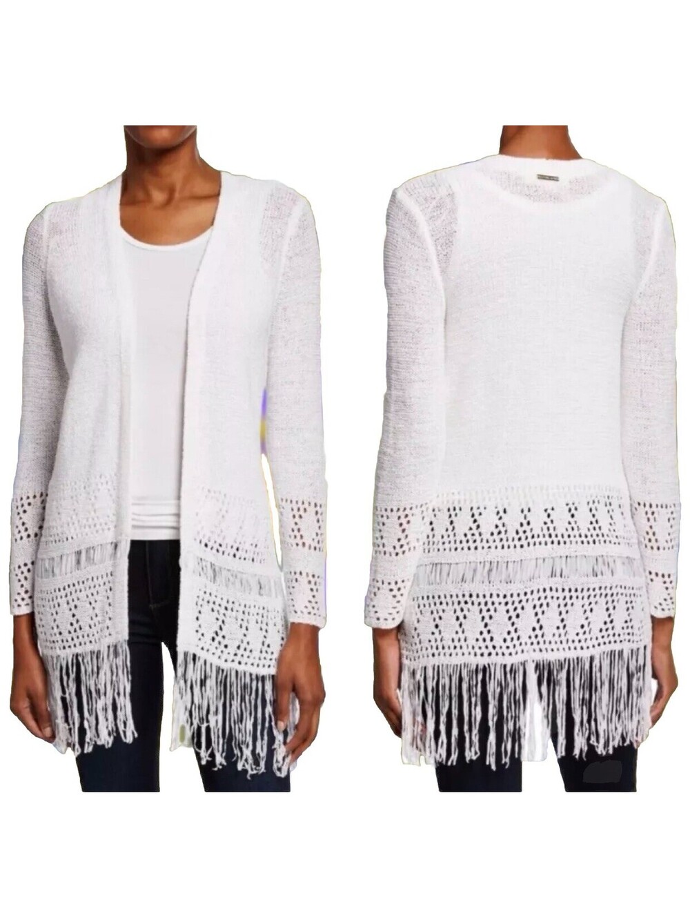 Michael Kors White Crochet Fringe Open Front Cardigan Sweater Women’s Large NWT